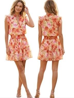 GIBSON LOOK Floral Print Flutter Sleeve Blouson Dress - Size L